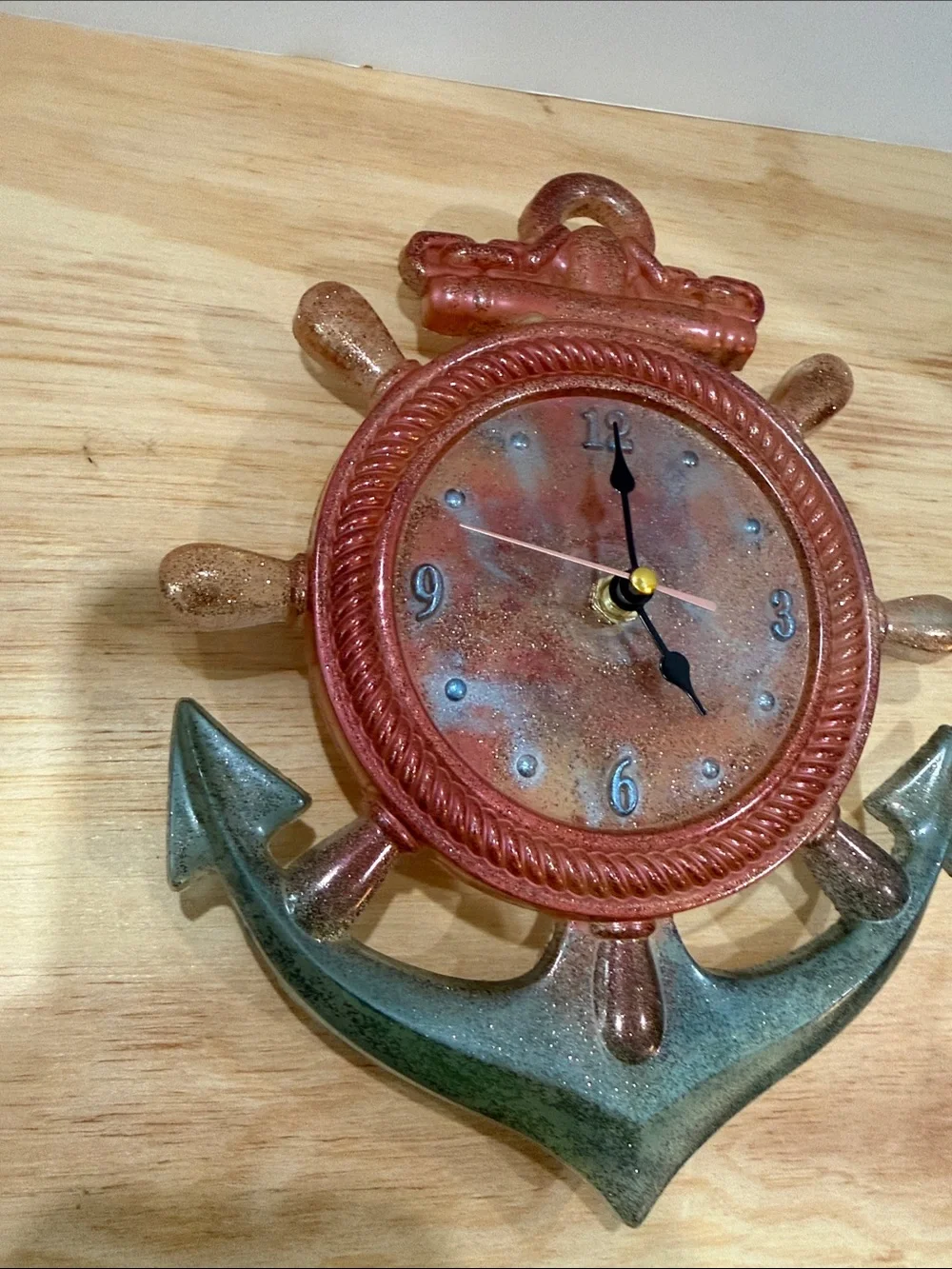 Coastal Ship Wheel Wall Clock in Copper and Teal